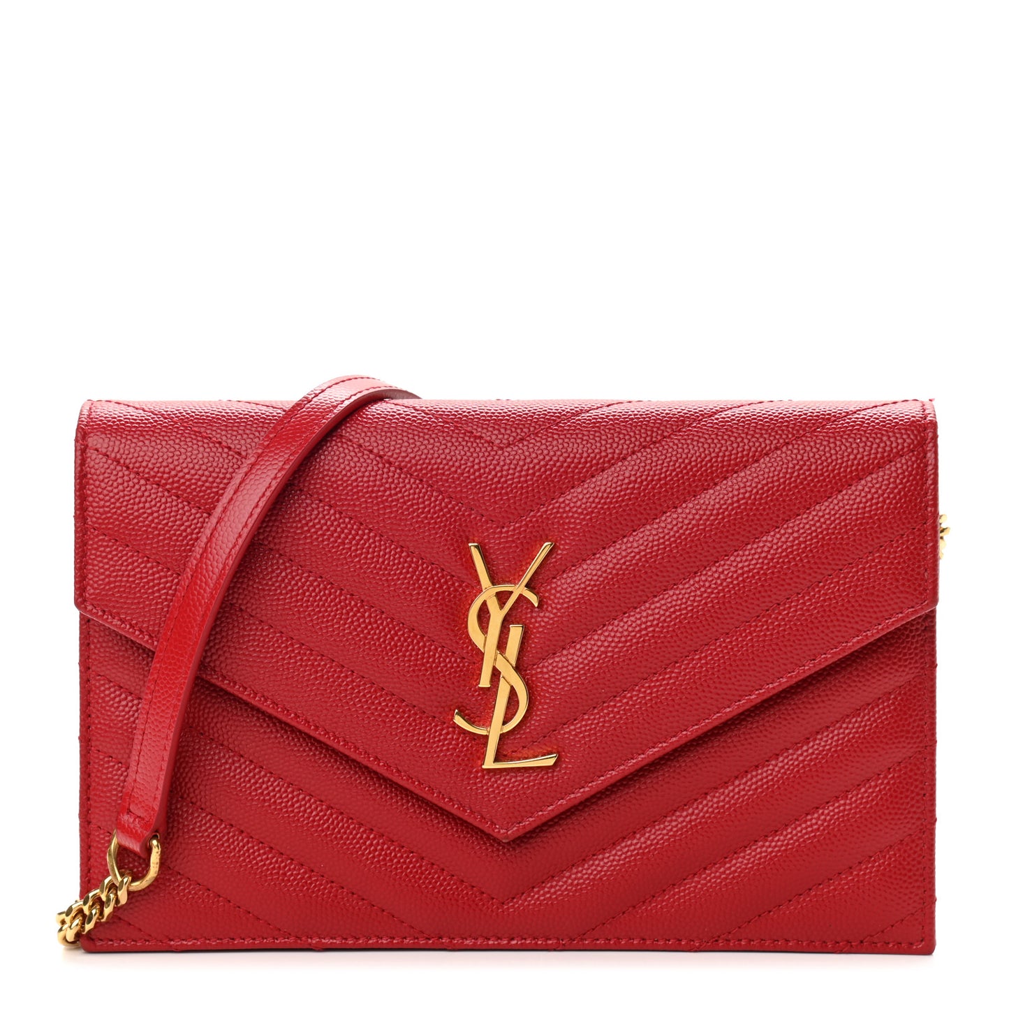 Grain De Poudre Matelasse Chevron Monogram Envelope Chain Wallet New Red