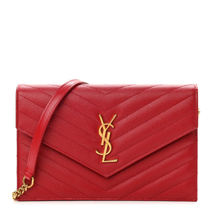 Saint Laurent Grain De Poudre Matelasse Chevron Monogram Envelope Chain Wallet New Red 1 of 11