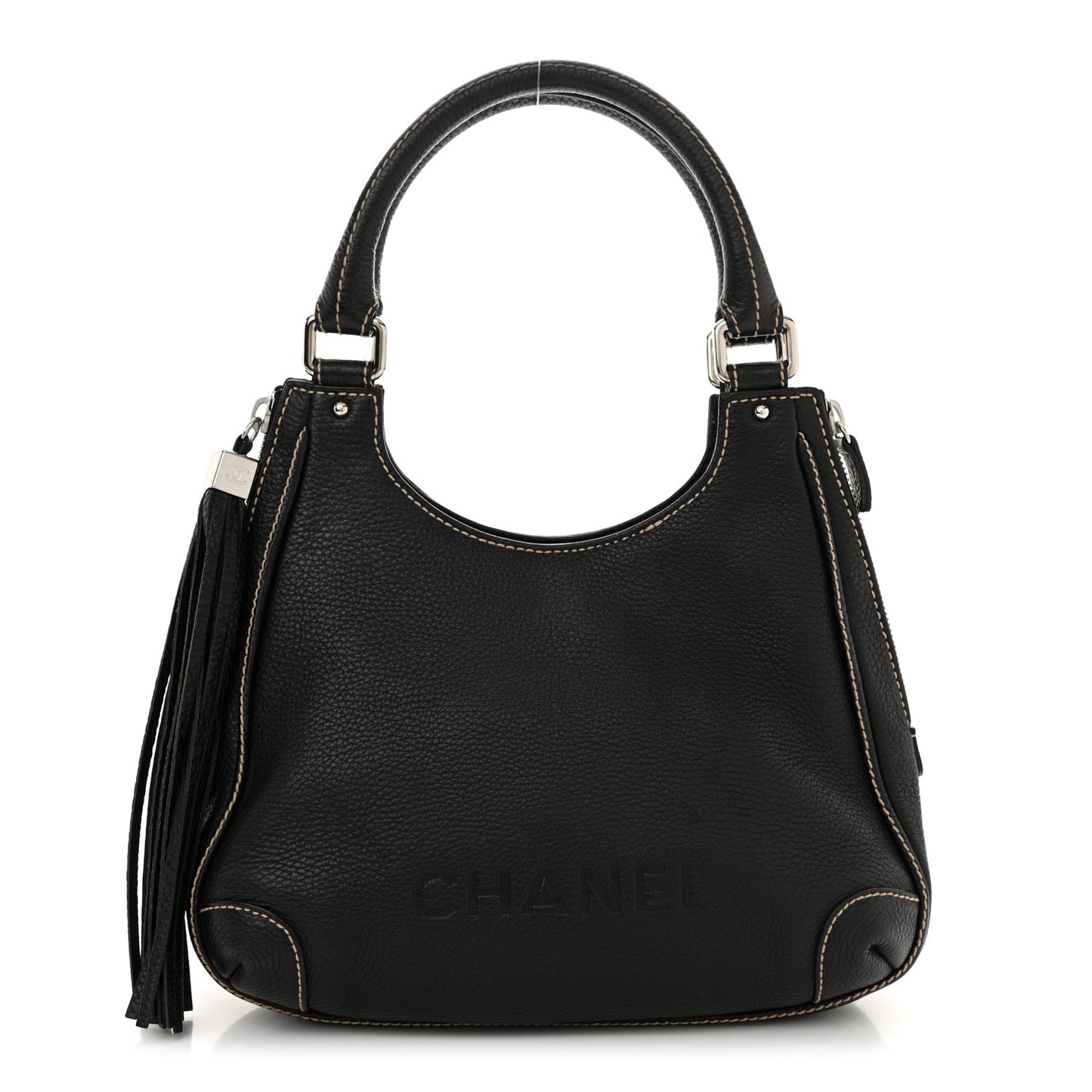 Grained Calfskin Tassel Hobo Black