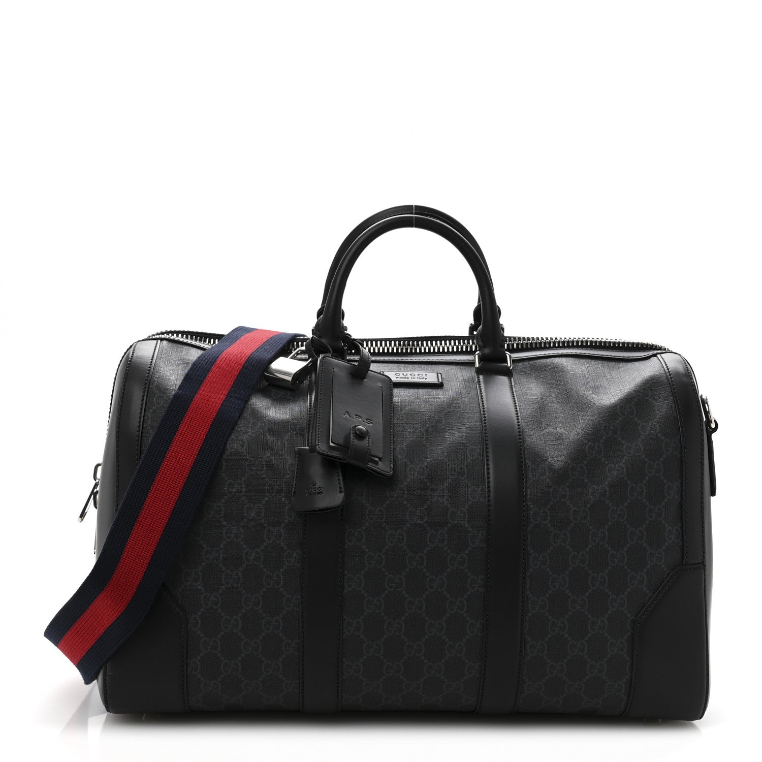 Gucci Soft GG Supreme Monogram Appia Calfskin Web Medium Carry On Duffle Bag Black Grey 1 of 14