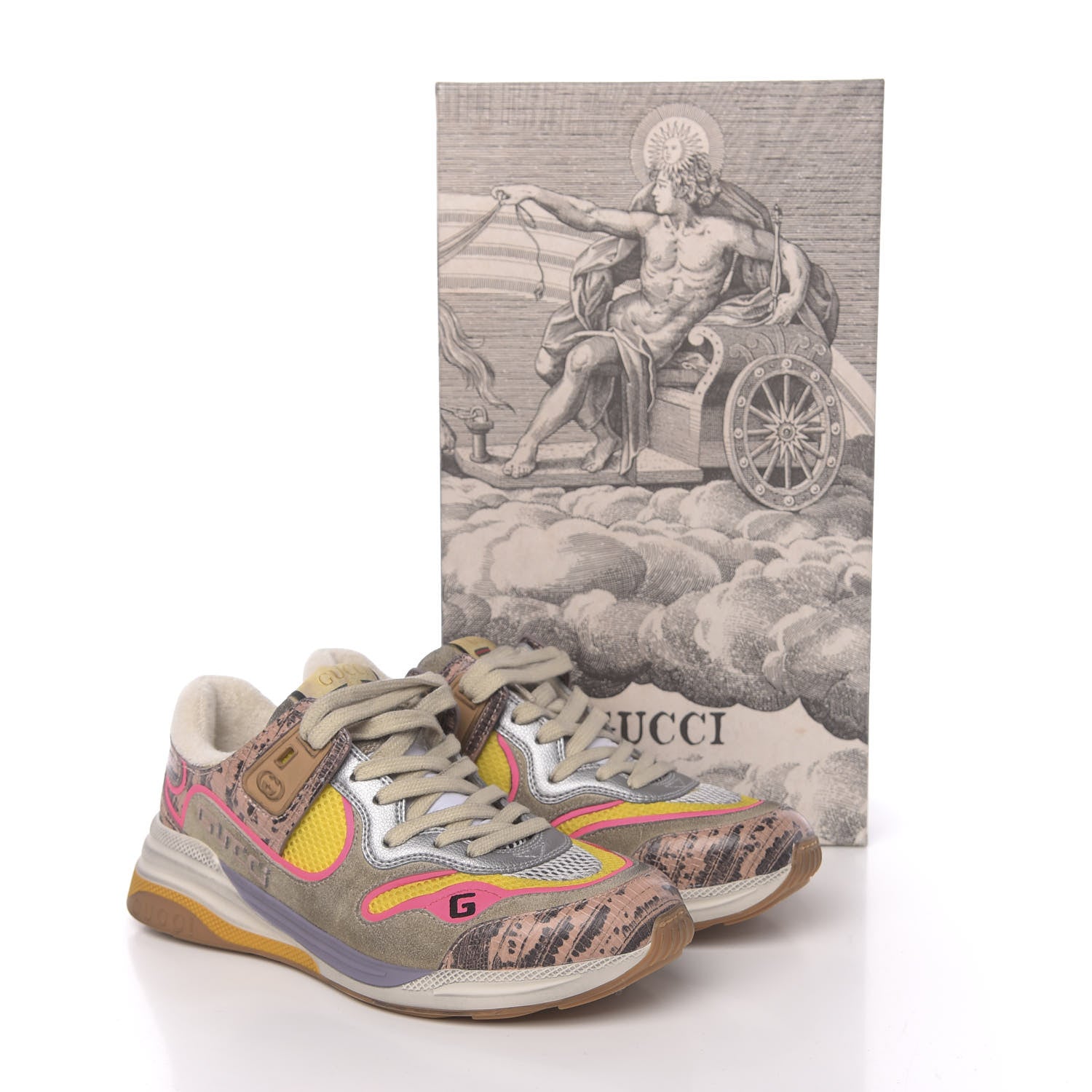 Gucci Suede Calfskin Tejus Printed Womens Ultrapace Sneakers 37.5 Pink Silver Oatmeal Yolk 10 of 10