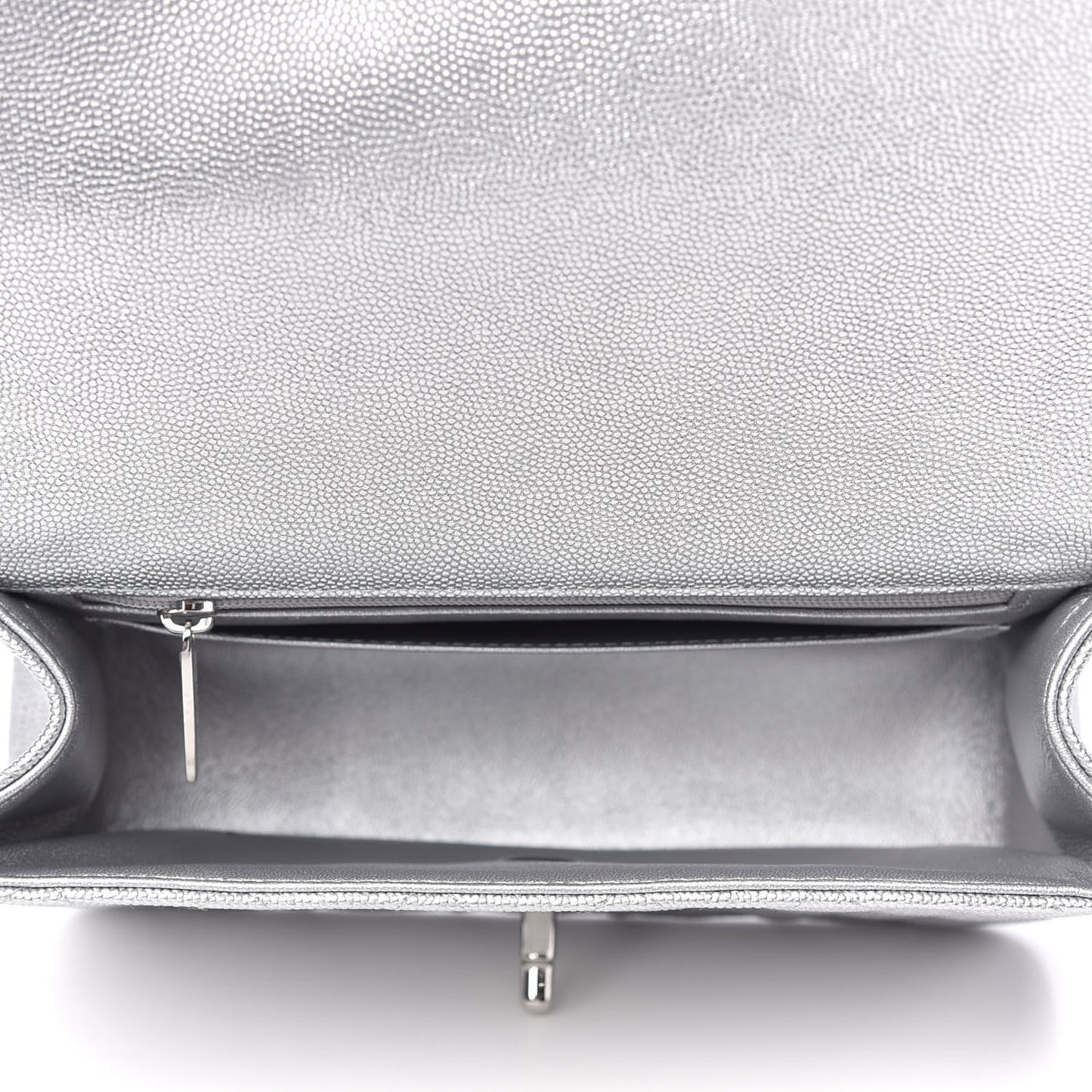 Metallic Caviar Quilted Mini Top Handle Rectangular Flap Silver