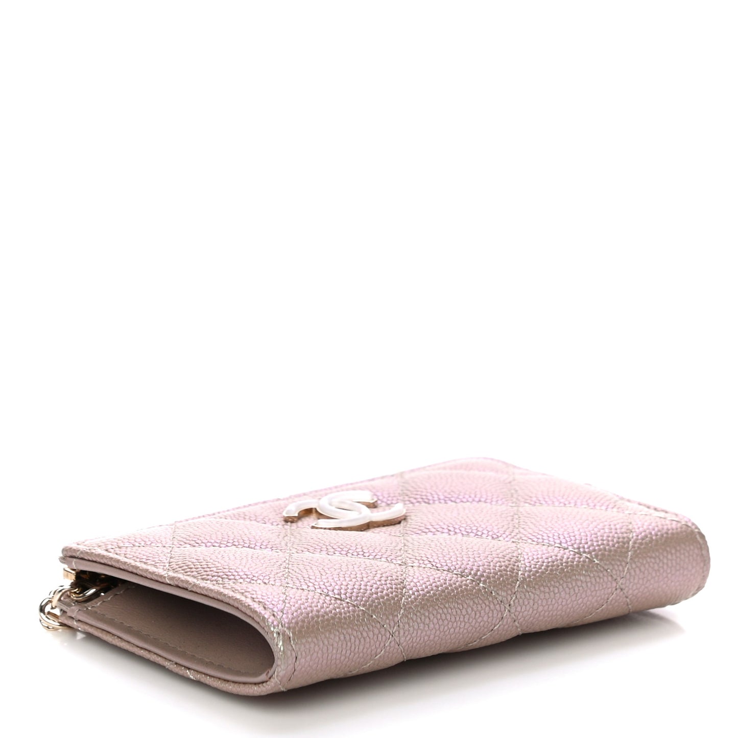 Iridescent Caviar Quilted Zipped Key Holder Case Beige