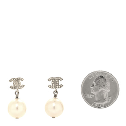 Chanel Crystal Pearl CC Drop Earrings Silver Pearly White 2 of 5