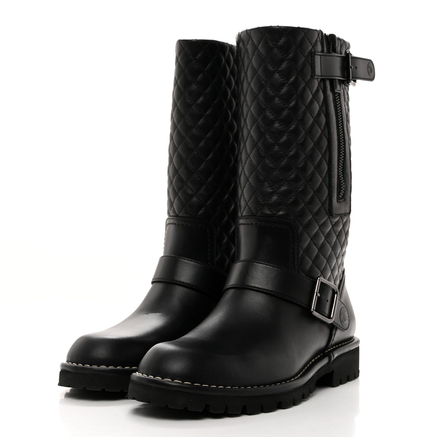 Calfskin Quilted Biker Boots 38 Black