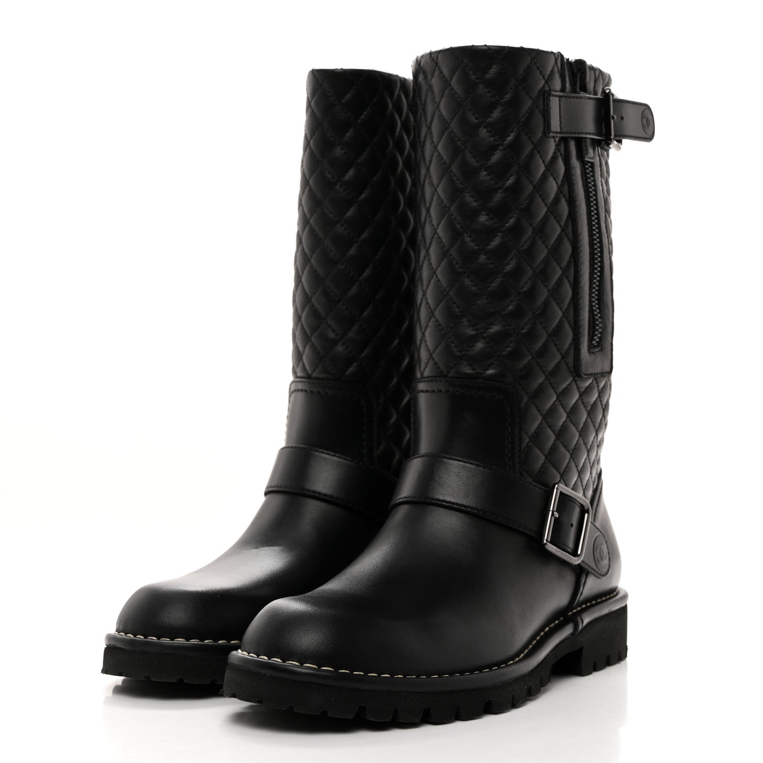 Chanel Calfskin Quilted Biker Boots 38 Black 3 of 9