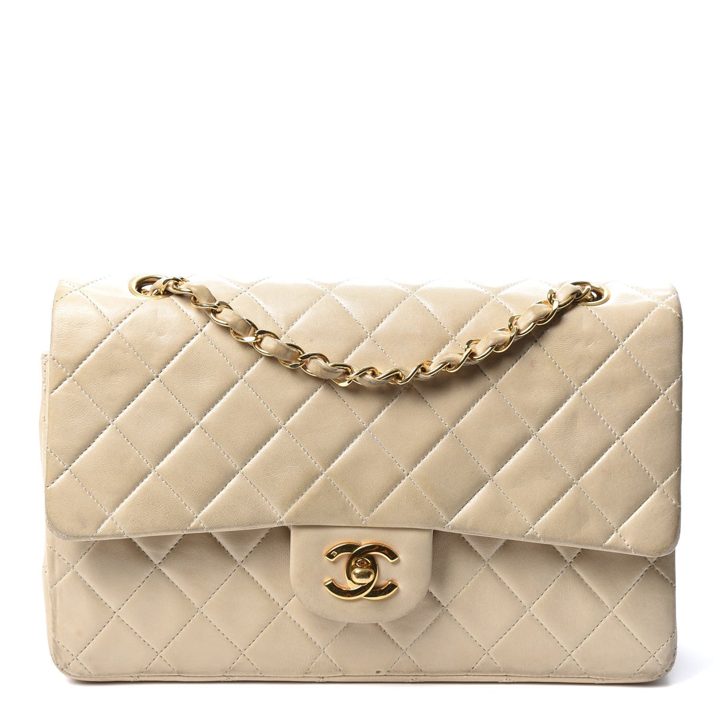 Lambskin Quilted Medium Double Flap Beige