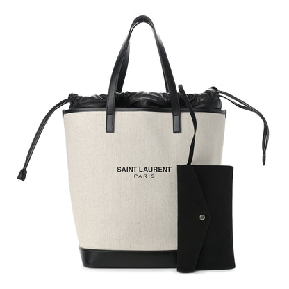 Saint Laurent Canvas Calfskin Teddy Drawstring Shopping Tote White Black 1 of 11