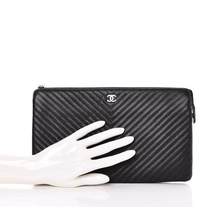 Chanel Caviar Chevron Quilted Large Zipped Clutch Black 2 of 9