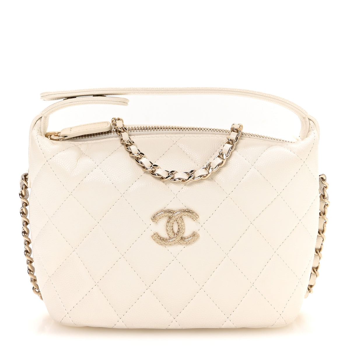Caviar Quilted Hobo Clutch With Chain White