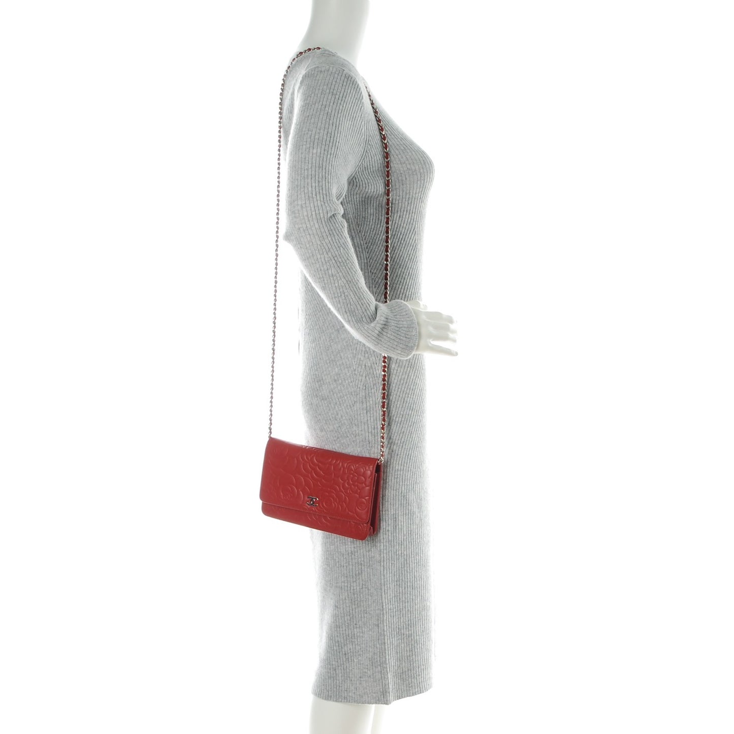 Lambskin Camellia Embossed Wallet On Chain WOC Red