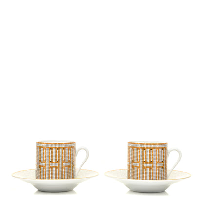 Hermes Porcelain Mosaique Au 24 Gold Coffee Cup and Saucer Set of 2 1 of 9
