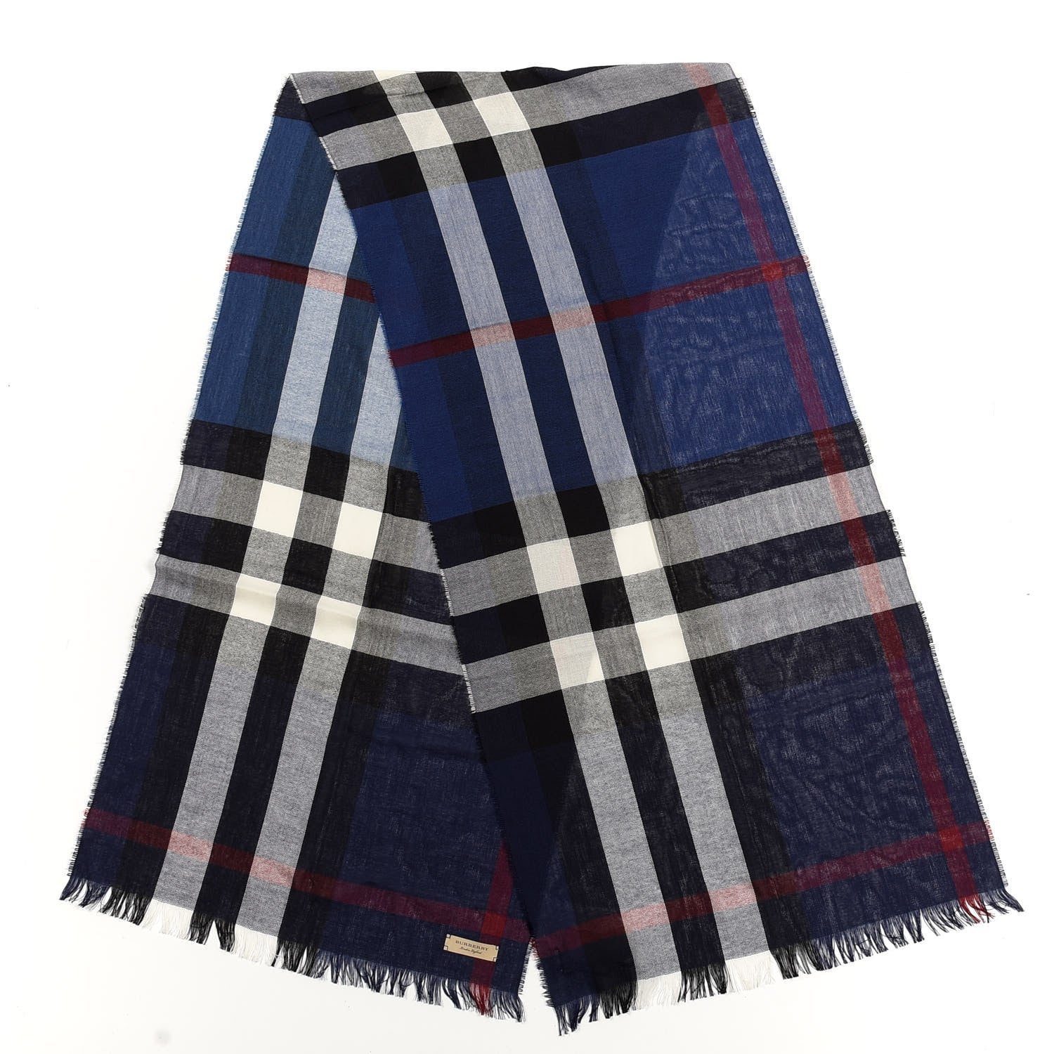 Burberry Wool Cashmere Check Lightweight Scarf Navy 2 of 4