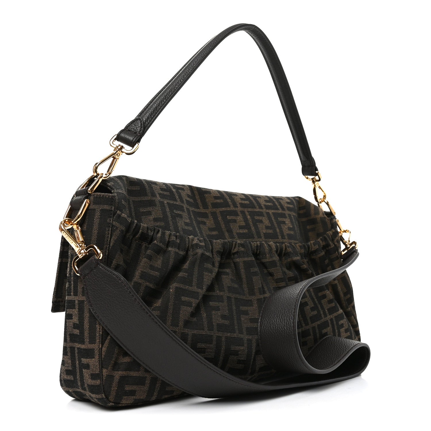 Fendi Fabric Jacquard FF 1974 Maxi Baguette Tobacco Moro Black 3 of 10