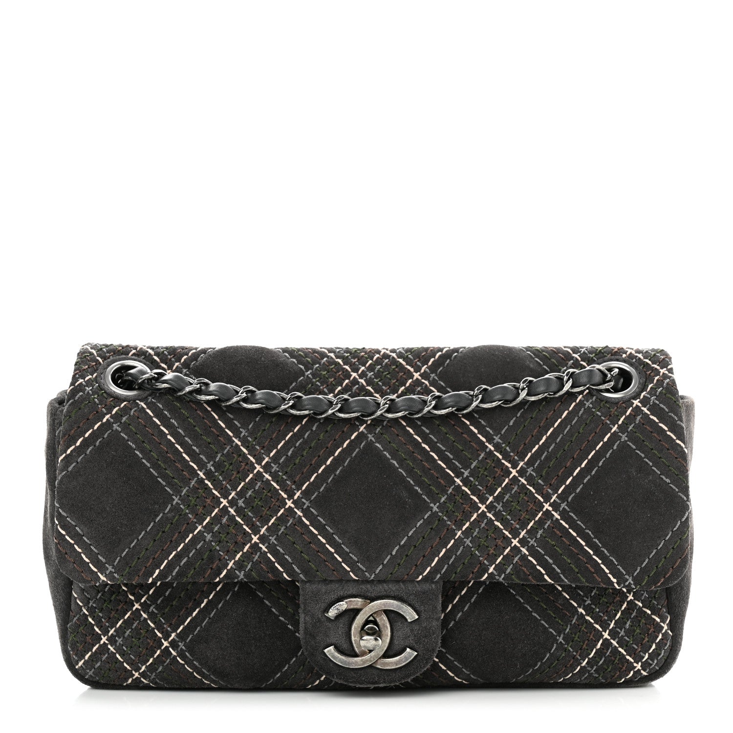 Chanel Suede Stitched Medium Saltire Single Flap Grey 1 of 11