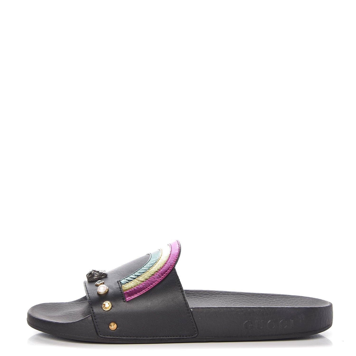 Gucci Calfskin Rainbow Heart Pursuit Slide Sandals 39 Black 1 of 10