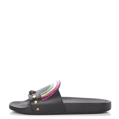 Gucci Calfskin Rainbow Heart Pursuit Slide Sandals 39 Black 1 of 10