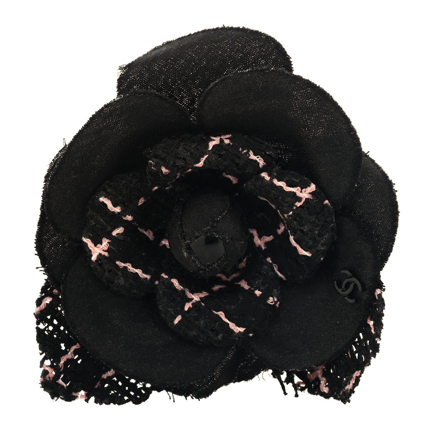 Chanel Tweed Camellia Pin Brooch Black Pink 1 of 3