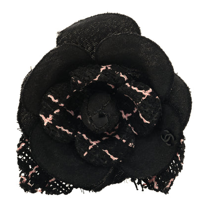Chanel Tweed Camellia Pin Brooch Black Pink 1 of 3