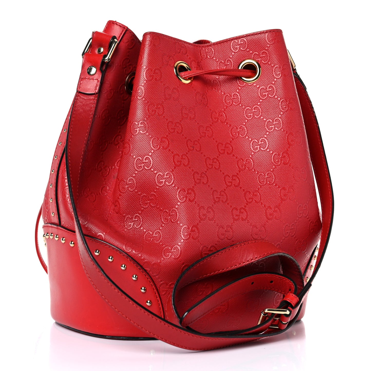 Bright Diamante GG Monogram Studded Medium Bucket Bag Red