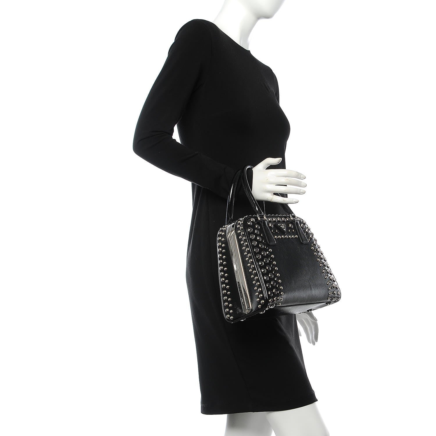 Prada Saffiano Vernice Small Crystal Pyramid Bag Black 2 of 8