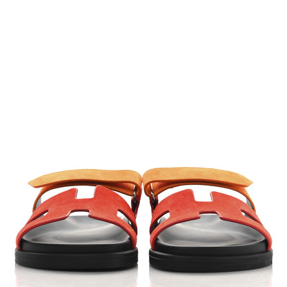 Hermes Suede Goatskin Womens Chypre Sandals 37.5 Rouge Ecarlate Sunset 3 of 10