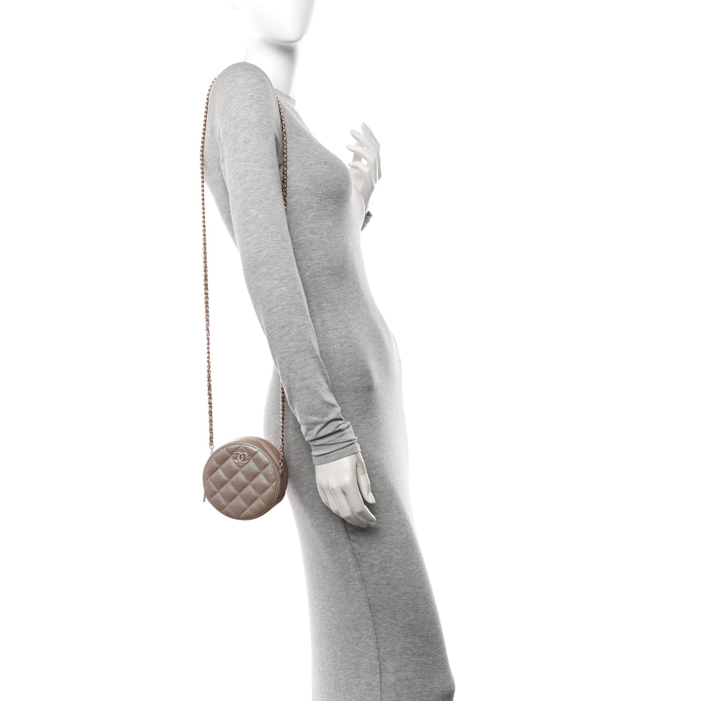 Iridescent Caviar Resin Quilted Round Clutch With Chain Beige