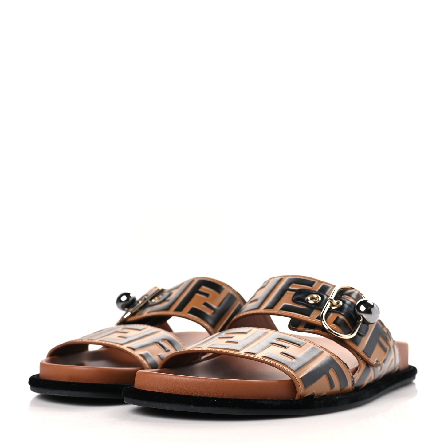 Calfskin FF Embossed Pearland Slide Sandals 39 Tobacco Moro