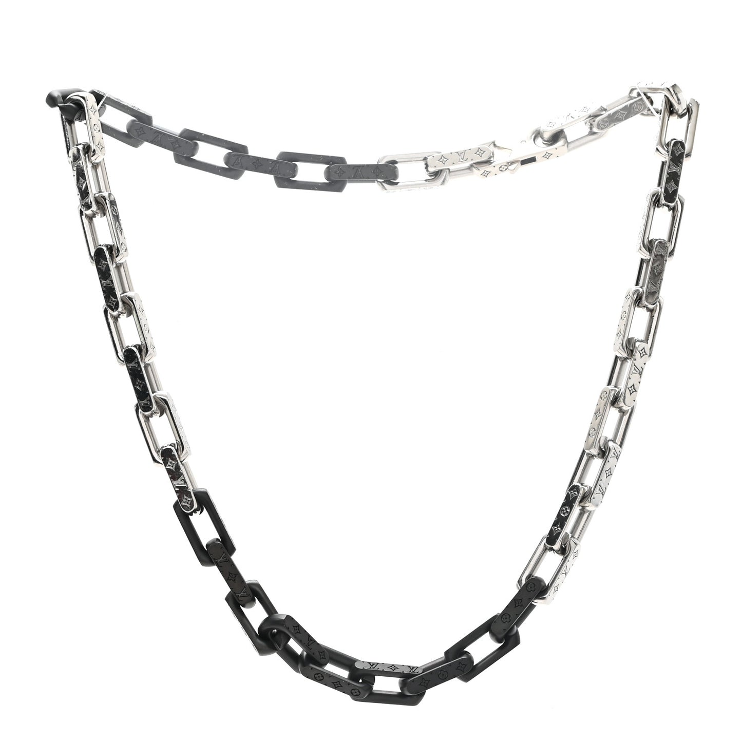 Metal Engraved Monogram Chain Necklace Silver Black