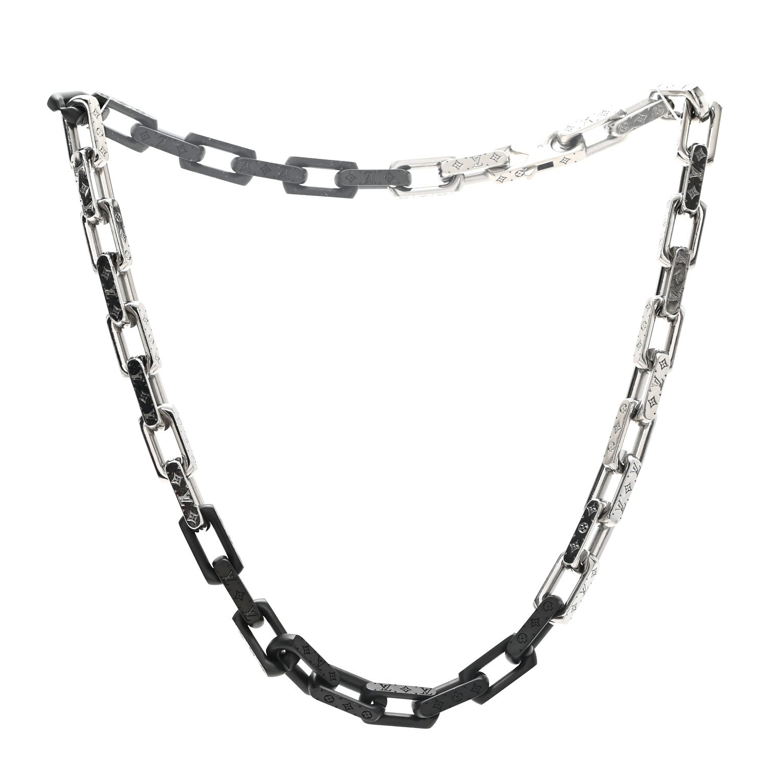 Louis Vuitton Metal Engraved Monogram Chain Necklace Silver Black 3 of 5