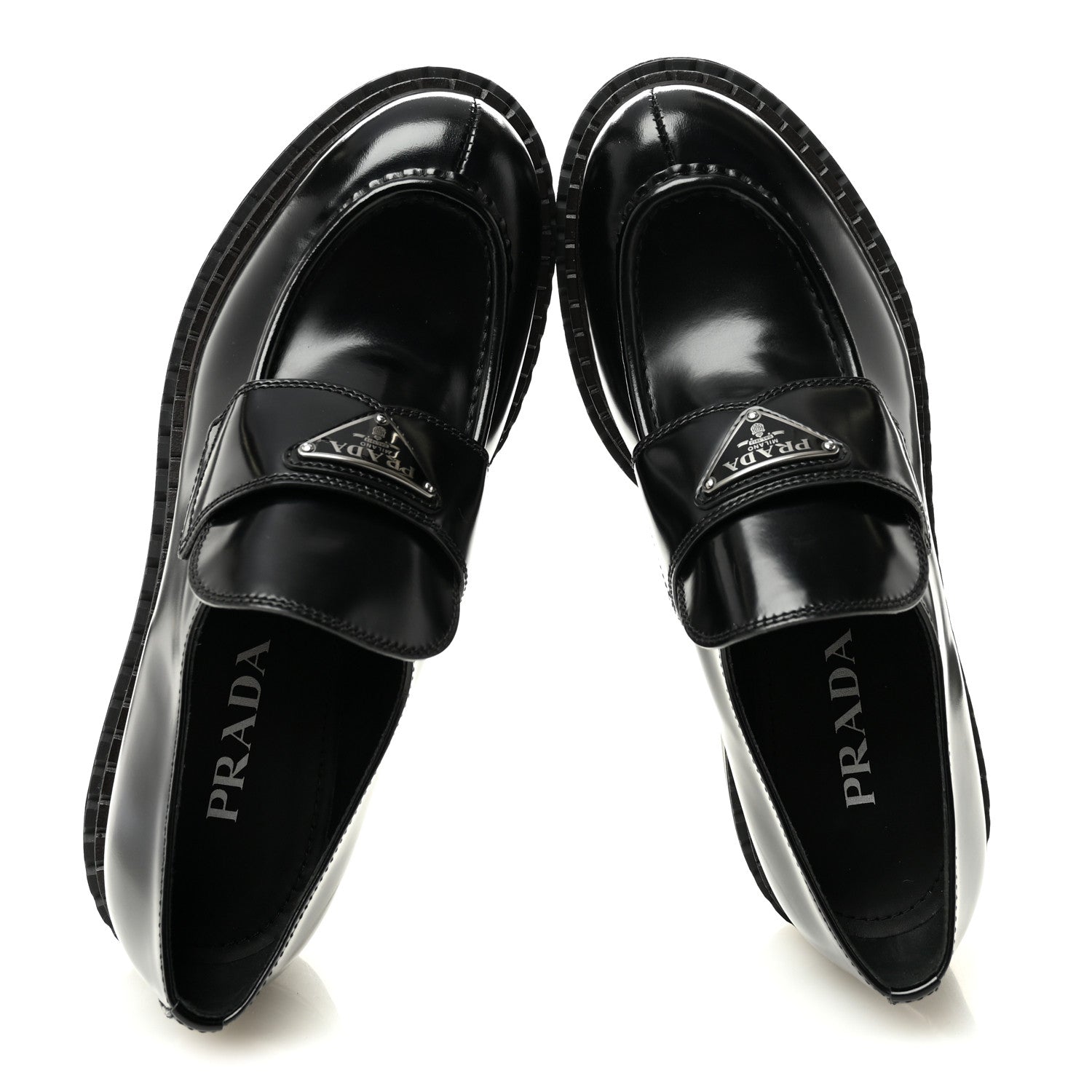 Prada Spazzolato Metal Triangle Logo 50mm Loafers 39 Black 1812413