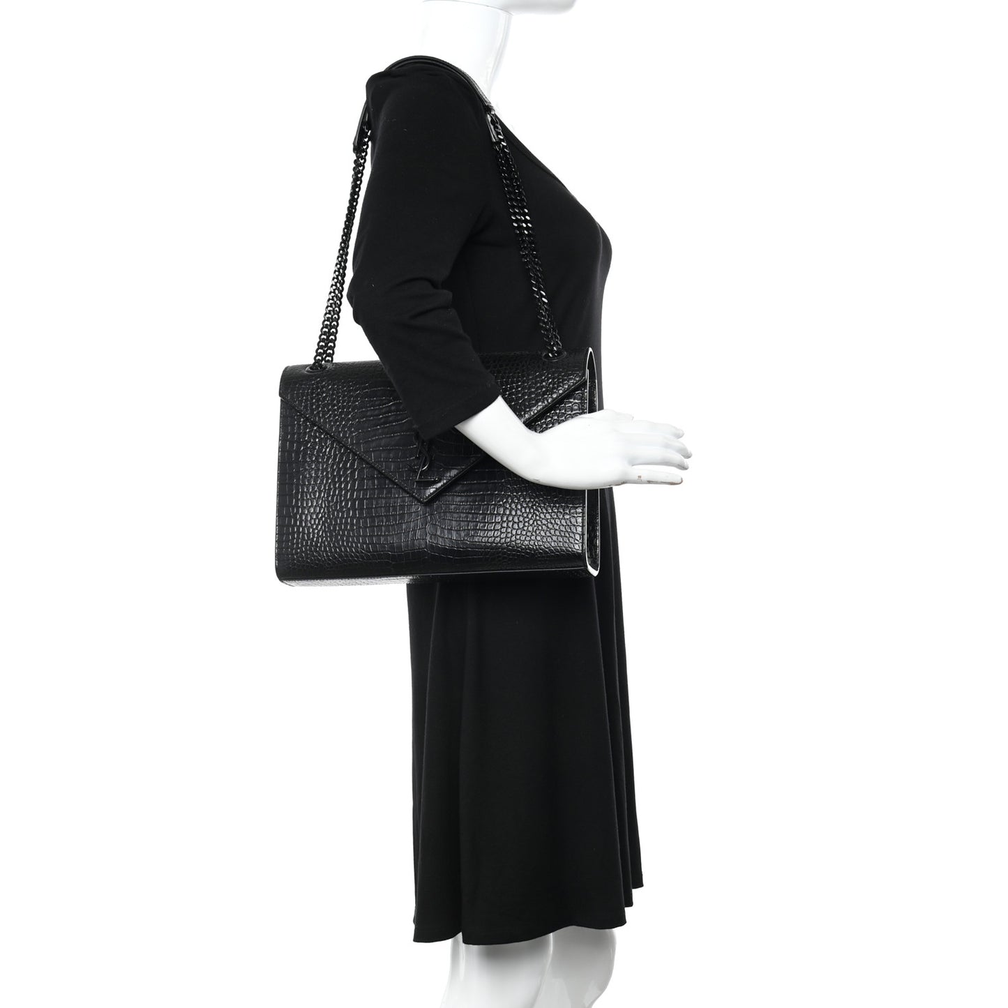 Calfskin Crocodile Embossed Monogram Large Satchel Black