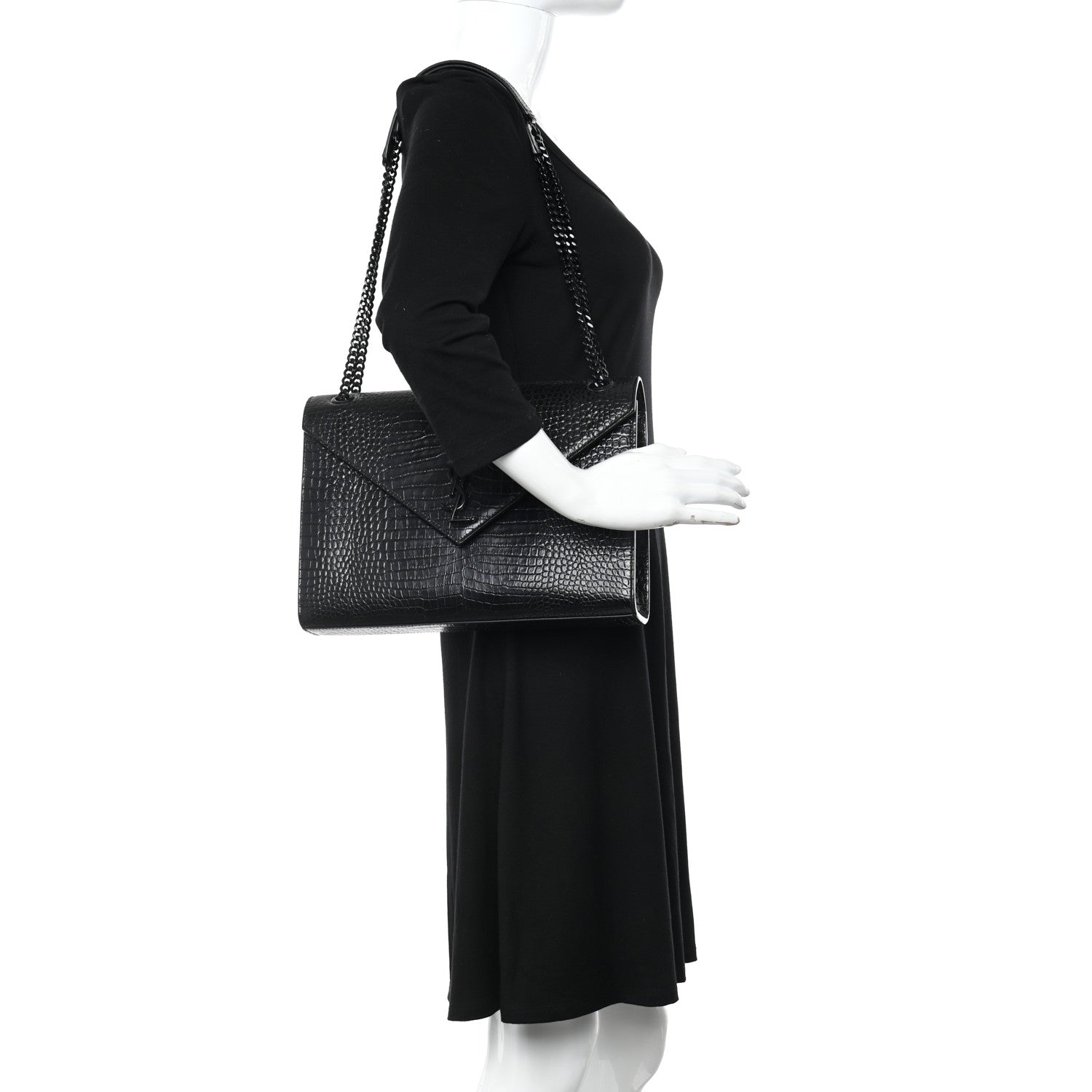 Saint Laurent Calfskin Crocodile Embossed Monogram Large Satchel Black 2 of 16