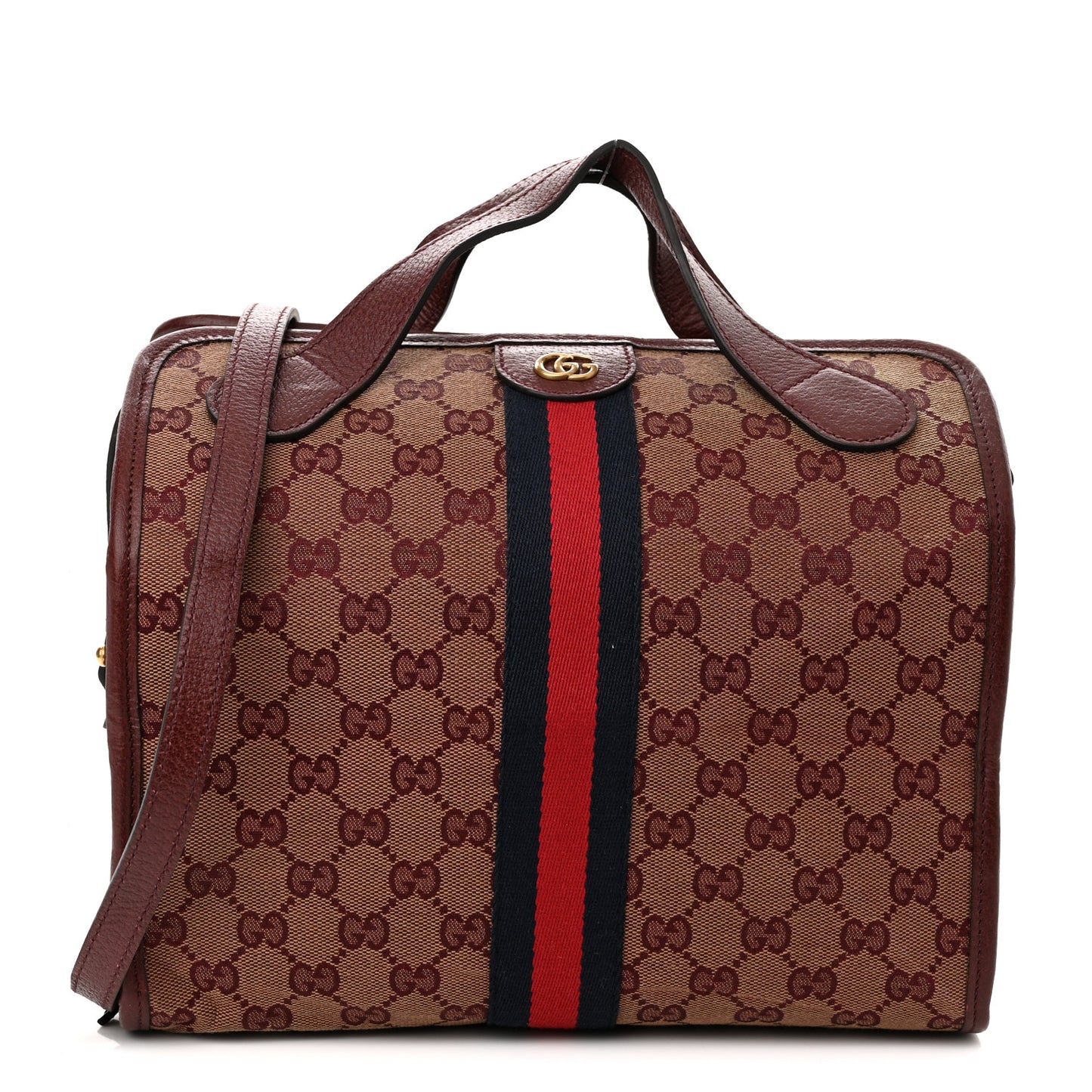 Monogram Textured Dollar Calfskin Web Mini Ophidia Duffle Bag Sahara Rubino Chardonnay