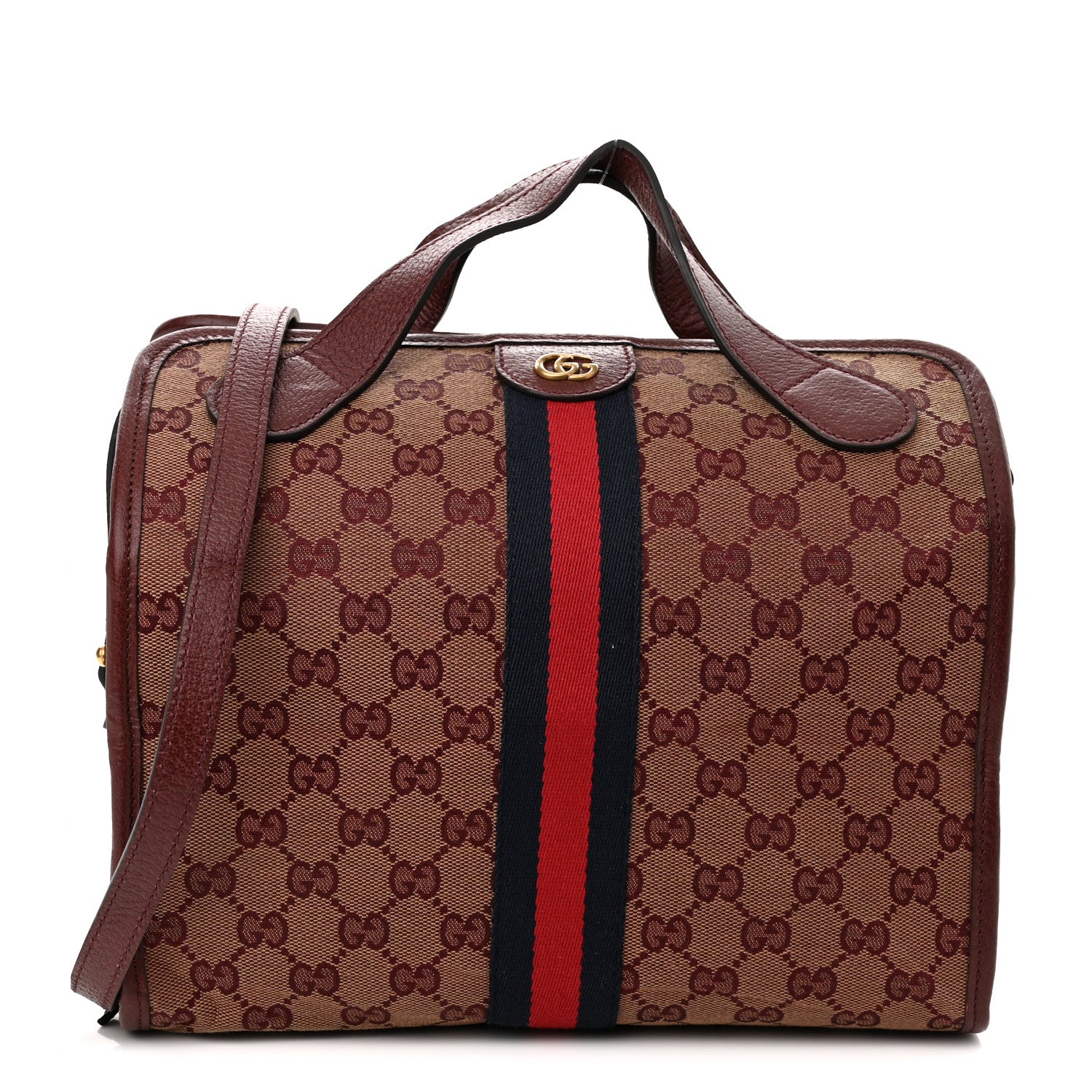 Gucci Monogram Textured Dollar Calfskin Web Mini Ophidia Duffle Bag Sahara Rubino Chardonnay 1 of 10
