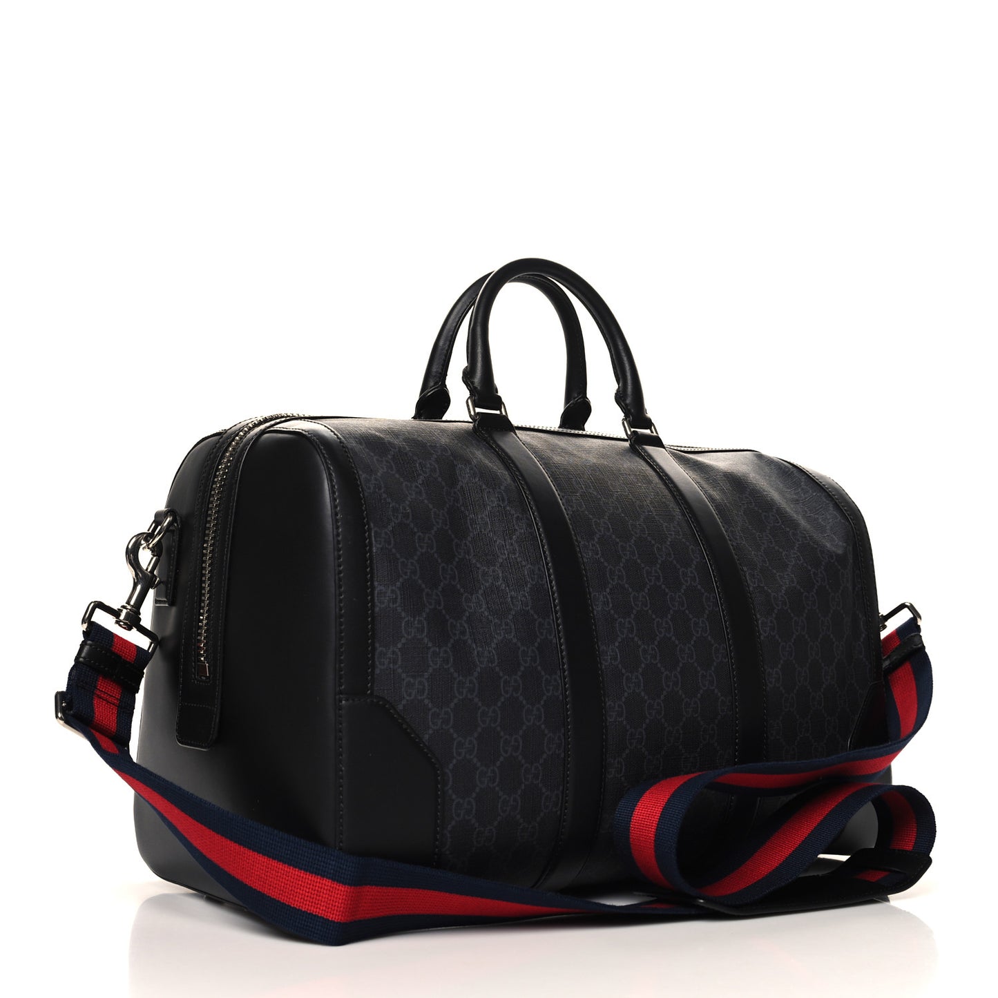 Soft GG Supreme Monogram Appia Calfskin Web Medium Carry On Duffle Bag Black Grey