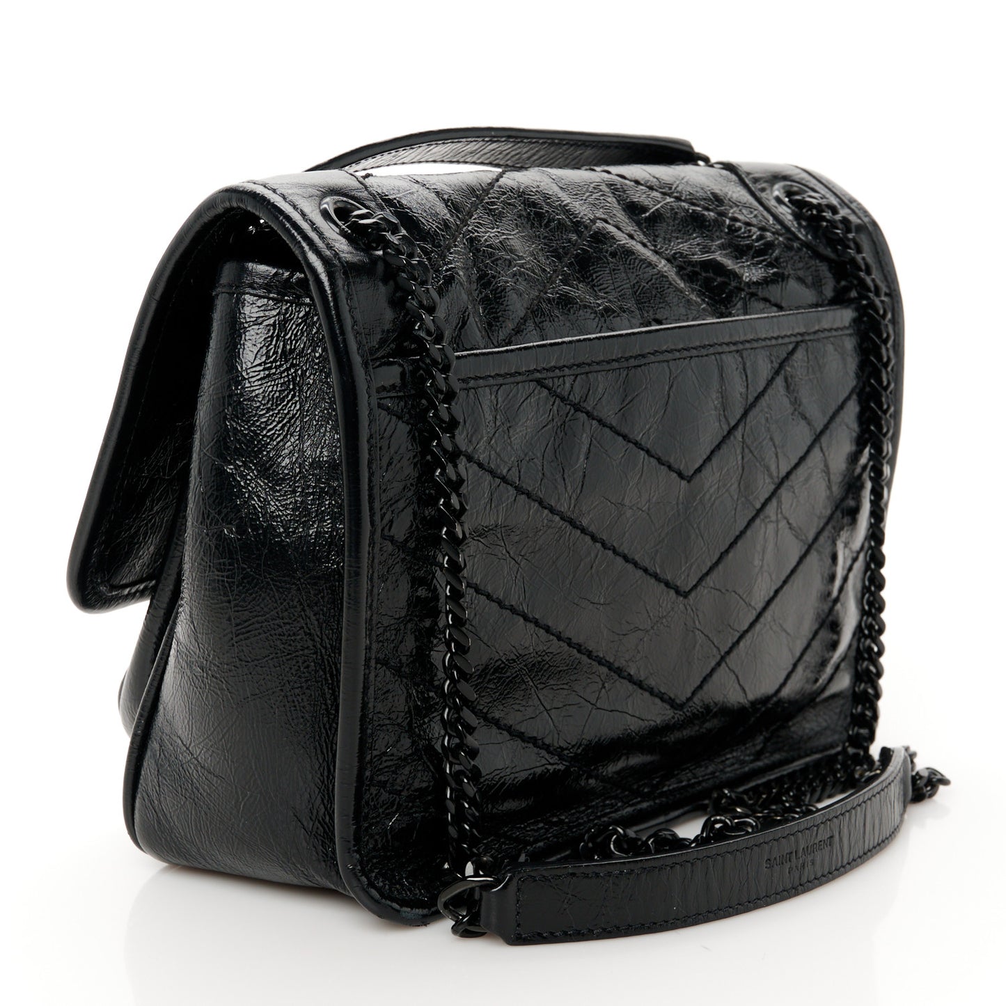 Crinkled Calfskin Matelasse Monogram Baby Niki Chain Satchel Black