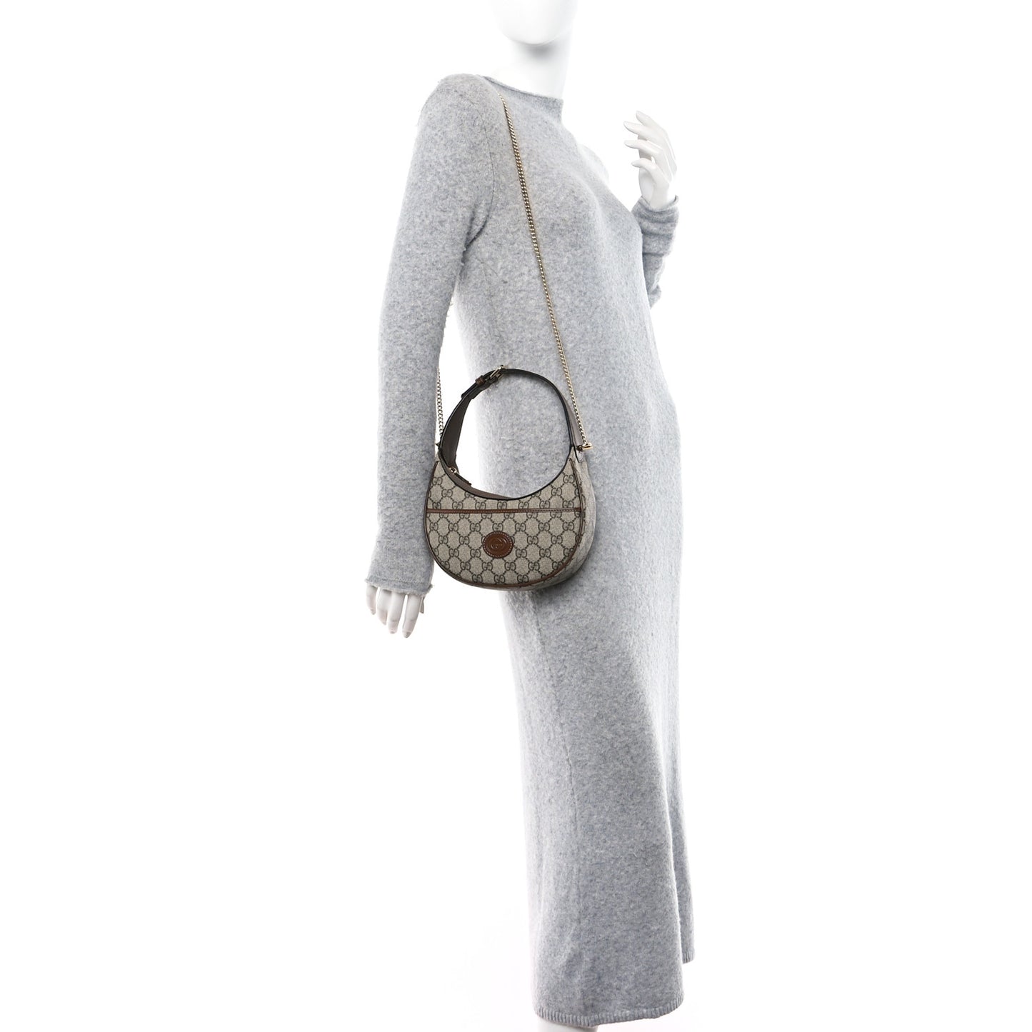 GG Supreme Monogram Azalea Calfskin Mini Retro Interlocking G Half Moon Bag Beige Ebony Brown Sugar