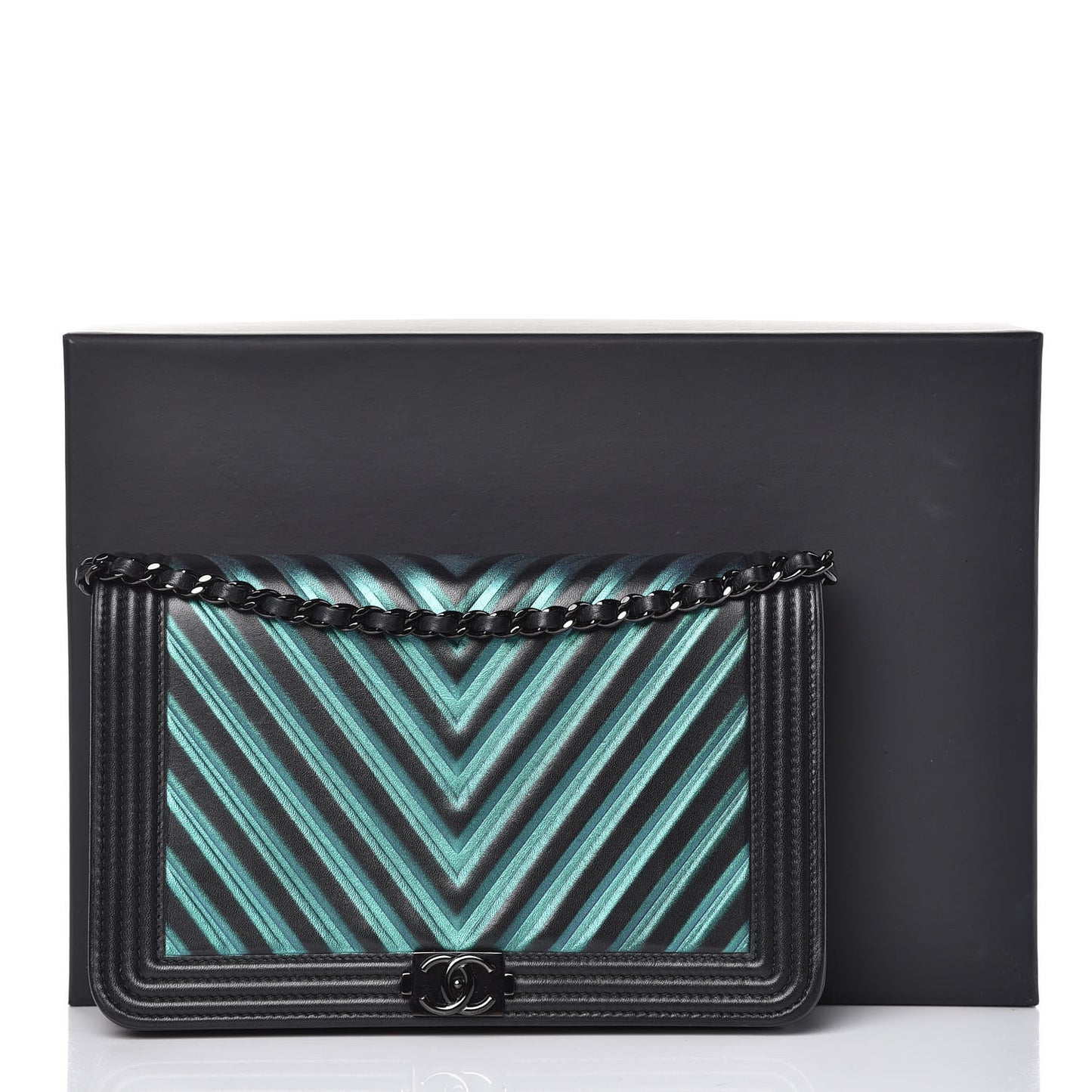 Calfskin Painted Chevron Embossed Boy Wallet On Chain WOC Black