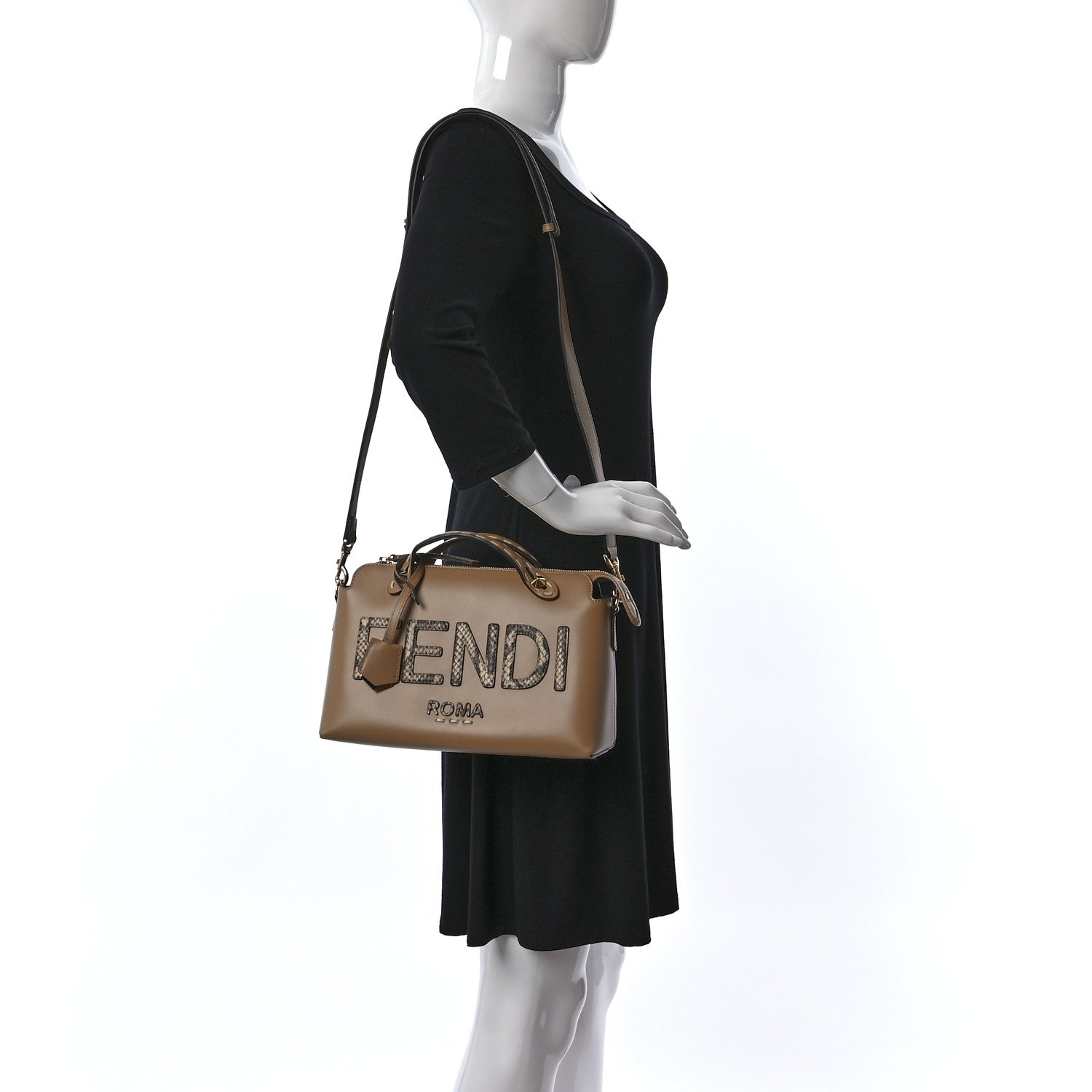 Fendi Vitello King Elaphe Python Print Logo Medium By The Way Boston Bag Miele Scuro Makeup 2 of 9