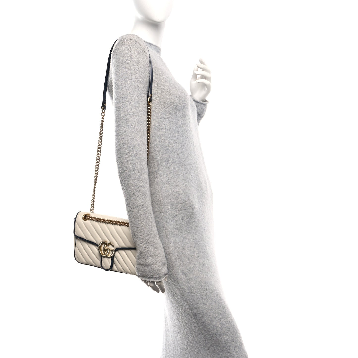 Vintage Effect Calfskin Matelasse Diagonal Small Torchon GG Marmont Shoulder Bag Mystic White Blue Agata