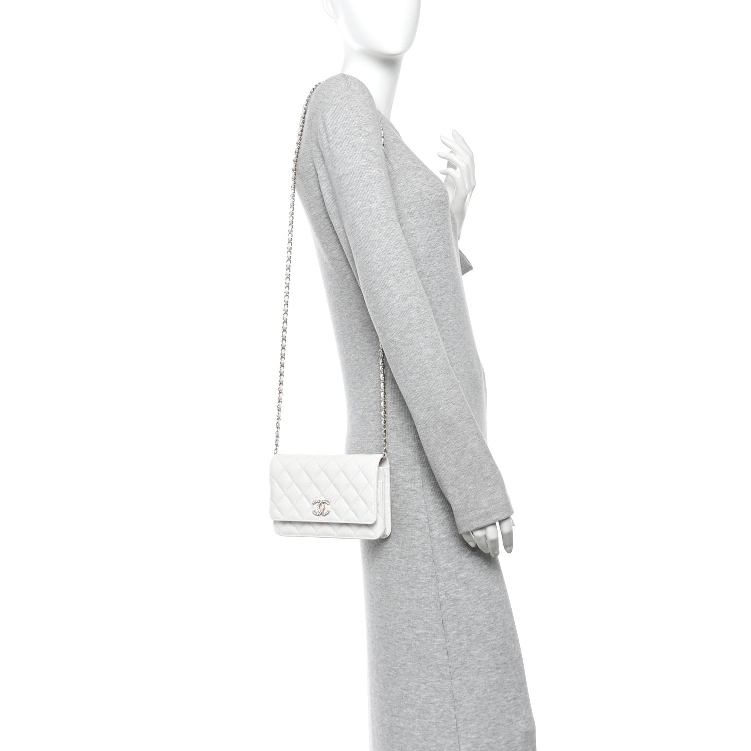 Chanel Caviar Quilted Crystal CC Wallet On Chain WOC White 2 of 12