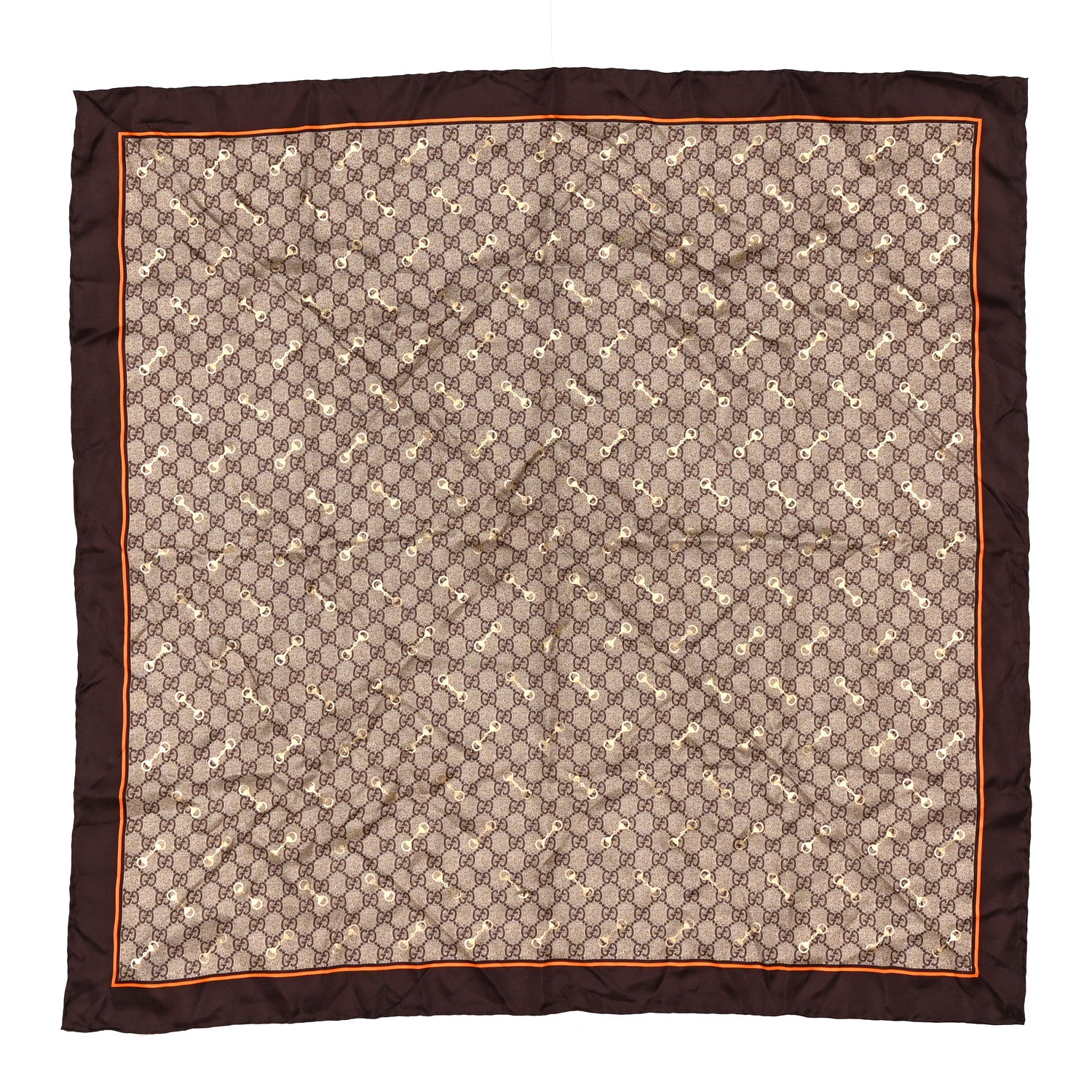 Gucci Silk Twill GG Monogram GG Gold Horsebit Square Scarf Brown Orange 1 of 5