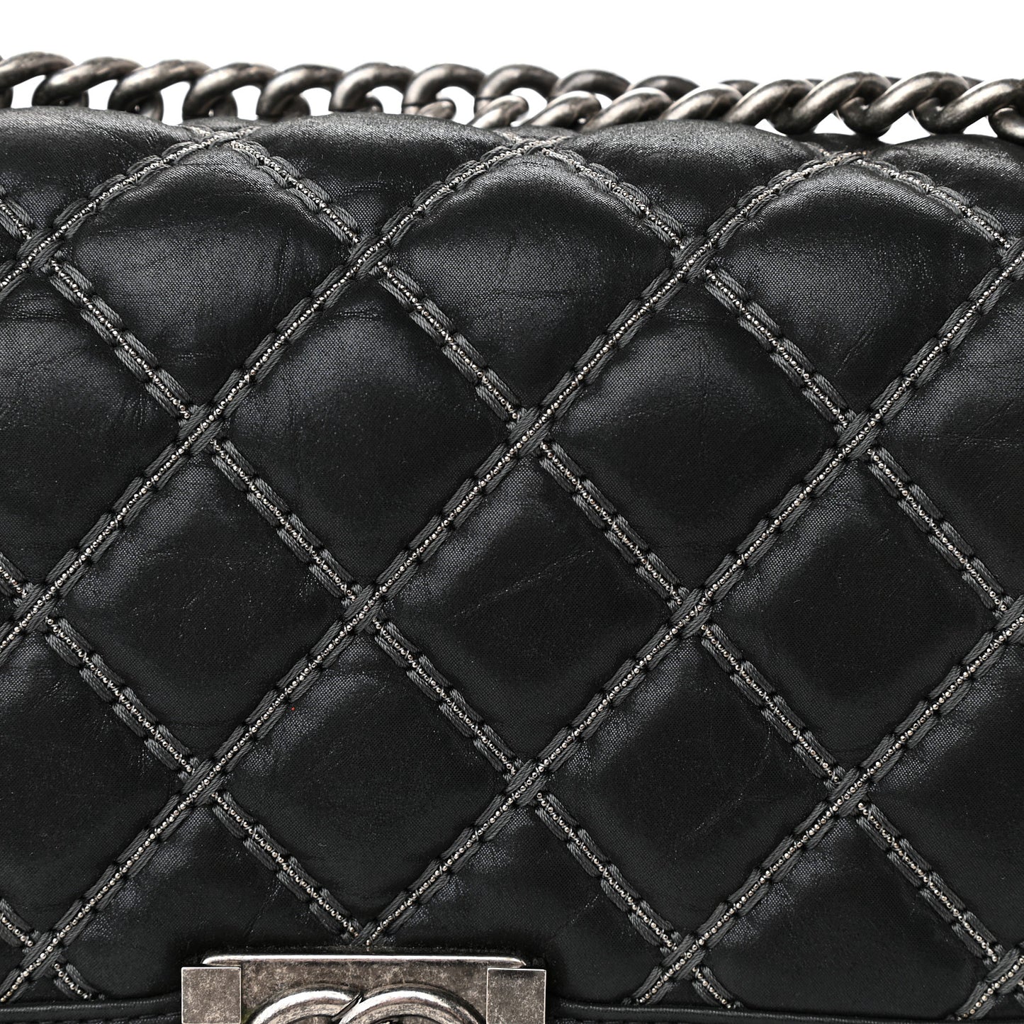 Iridescent Calfskin Embellished Double Stitch Medium Boy Flap Black