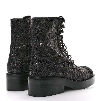 Chanel Fabric Crossgrain Cap Toe Combat Boots 38.5 Black 5 of 9