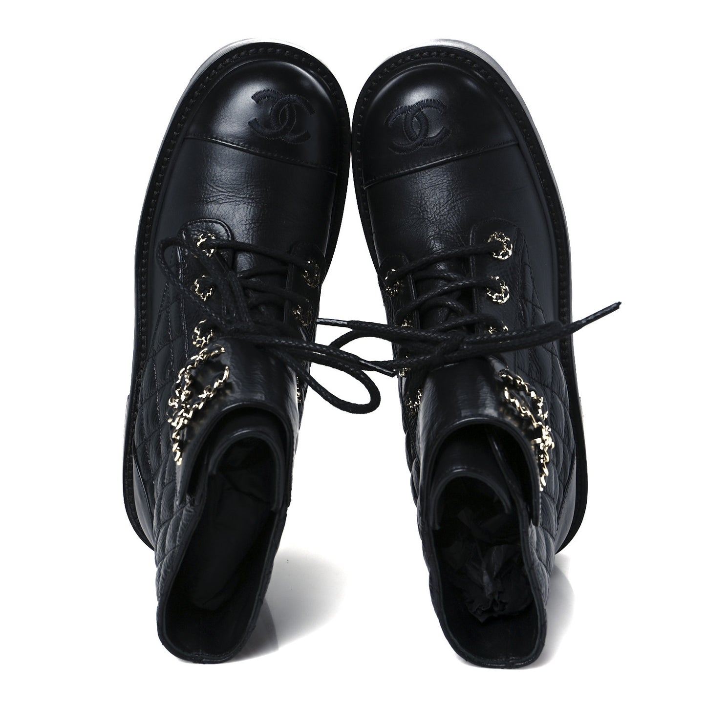 Shiny Calfskin Quilted Lace Up Combat Boots 37 Black