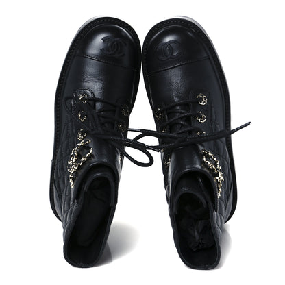 Chanel Shiny Calfskin Quilted Lace Up Combat Boots 37 Black 2 of 11