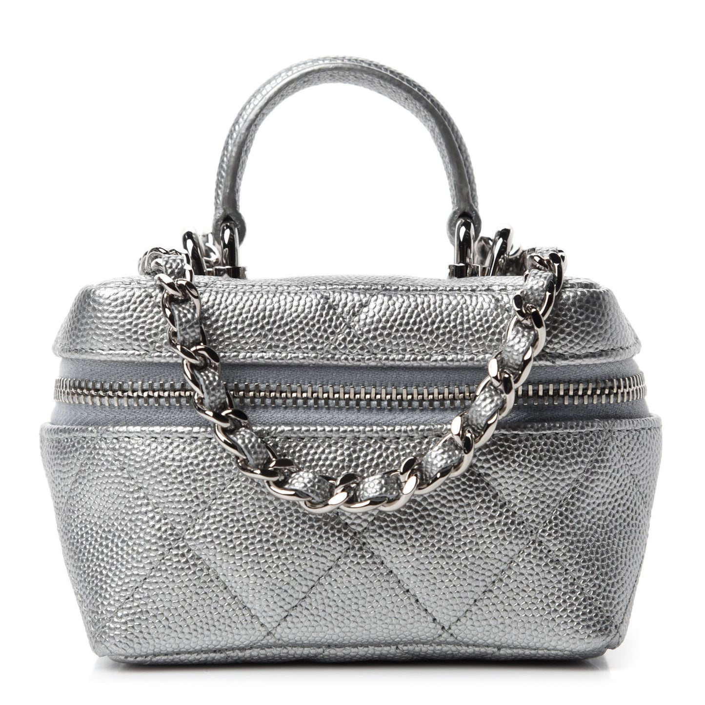 Metallic Caviar Quilted Mini Top Handle Vanity With Chain Silver