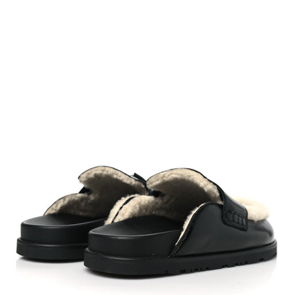 Hermes Glazed Nappa Shearling Go Mules 37.5 Black Ecru 4 of 8