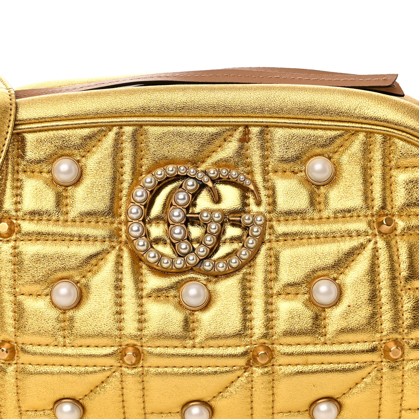 Metallic Calfskin Matelasse Studded Small Pearly GG Marmont Chain Shoulder Bag Gold